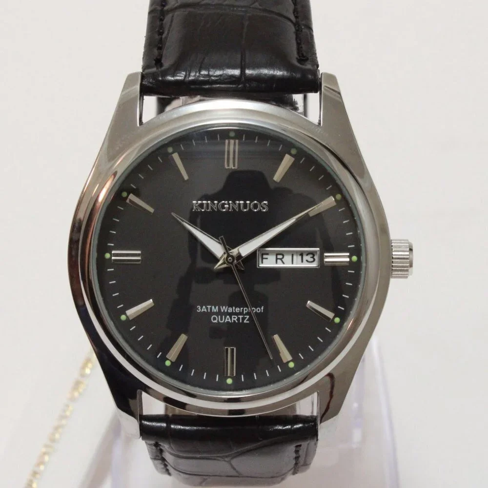 Men's Contemporary Dress Watch Silver Case Black Leather Watch Strap 40mm - Picture 6 of 13